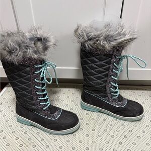 Justice Quilted Faux Fur Lace Up Girls Glitter Snow Boots Sz 7